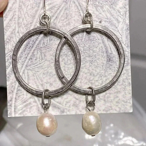 Hand Crafted Jewelry - Silver tone hammered hoop dangle drop pearl pierced wire hook earrings